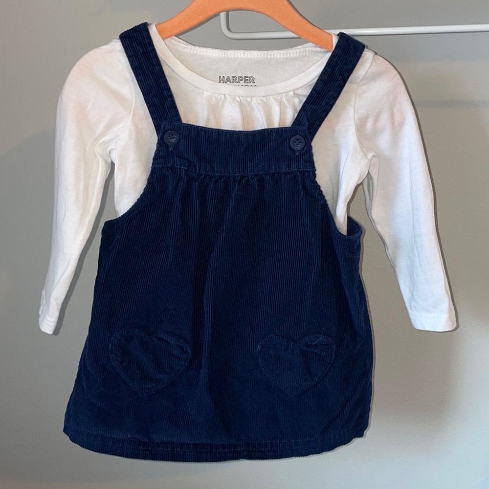 Corduroy Navy Blue Overalls Dress w White Long Sleeve TShirt Baby Girl 9 Months
